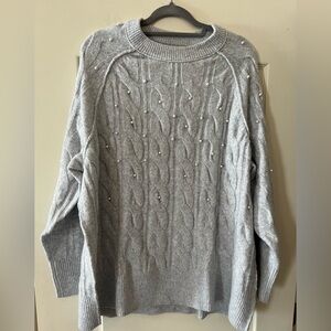 NWOT Aerie Gray Cable Knit Sweater with Pearls